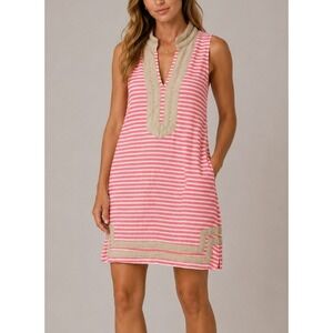 Sail to Sable Women Pink White StripedLinen Tunic Dress Gold Trim XS Pocket Mini